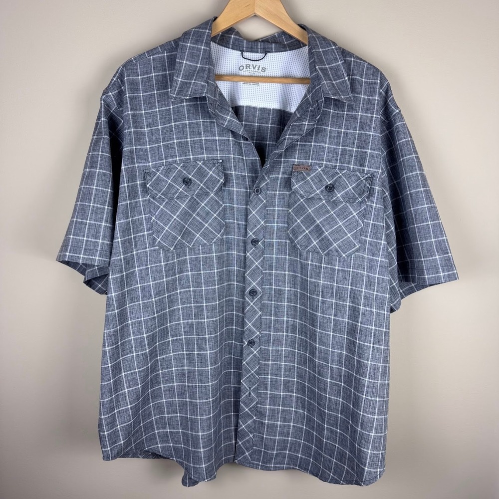 Orvis Plaid Button-Up‎ Short Sleeve Shirt XXL Gray Casual